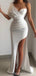 Simple White Sheath One Shoulder High Slit Cheap Long Prom Dresses,12812