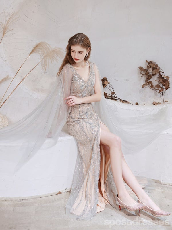 Champagne Sheath V-neck High Slit Long Prom Dresses Online,12757