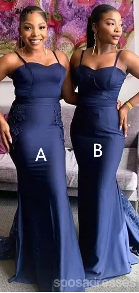 Navy Blue Mermaid Spaghetti Straps Cheap Long Bridesmaid Dresses,WG1337