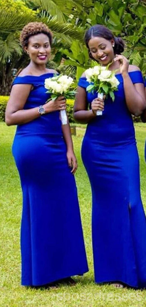 Sexy Blue Mermaid Off Shoulder Side Slit Long Bridesmaid Dresses,WG1236
