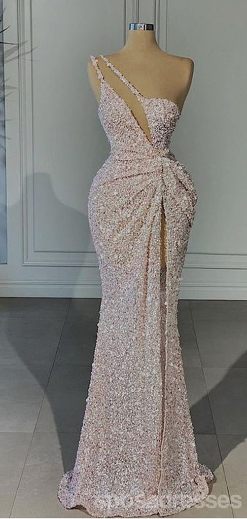 Unique Mermaid One Shoulder High Slit Cheap Long Prom Dresses,13085