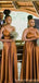 Burnt Orange A-line Spaghetti Straps V-neck Long Bridesmaid Dresses,WG1234