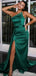 Emerald Green Mermaid One Shoulder High Slit Cheap Long Prom Dresses,12854