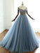 Off Shoulder Dusty Blue Beaded A-line Long Evening Prom Dresses, Cheap Sweet 16 Dresses, 18413