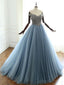 Off Shoulder Dusty Blue Beaded A-line Long Evening Prom Dresses, Cheap Sweet 16 Dresses, 18413