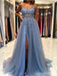 See Through Dusty Blue A-line Spaghetti Straps High Slit Long Prom Dresses,12940