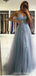 Dusty Blue A-line Spaghetti Straps V-neck See Through Long Prom Dresses Online,12667