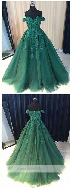 Off Shoulder Emerald Green Lace A line Long Custom Evening Prom Dresses, 17428