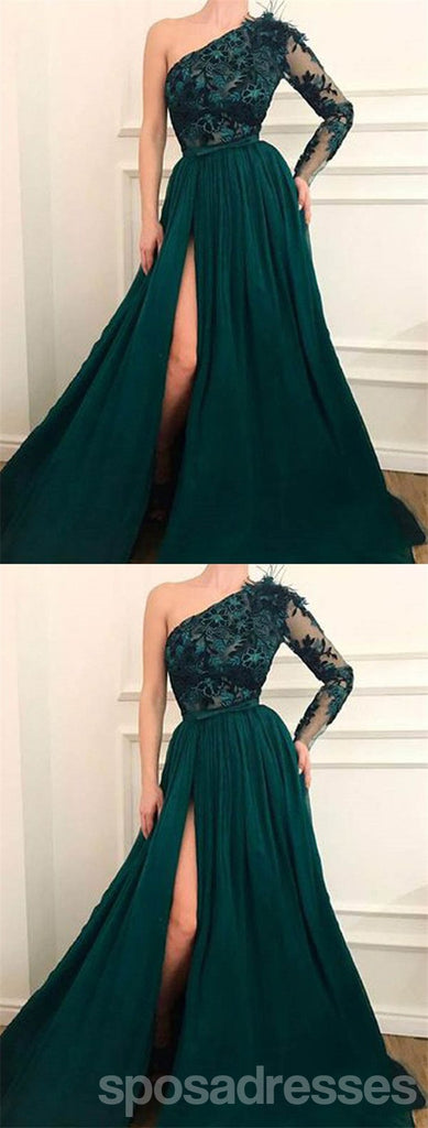 Emerald Green A-line Long Sleeves One Shoulder High Slit Prom Dresses Online,12729