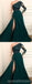 Emerald Green A-line Long Sleeves One Shoulder High Slit Prom Dresses Online,12729