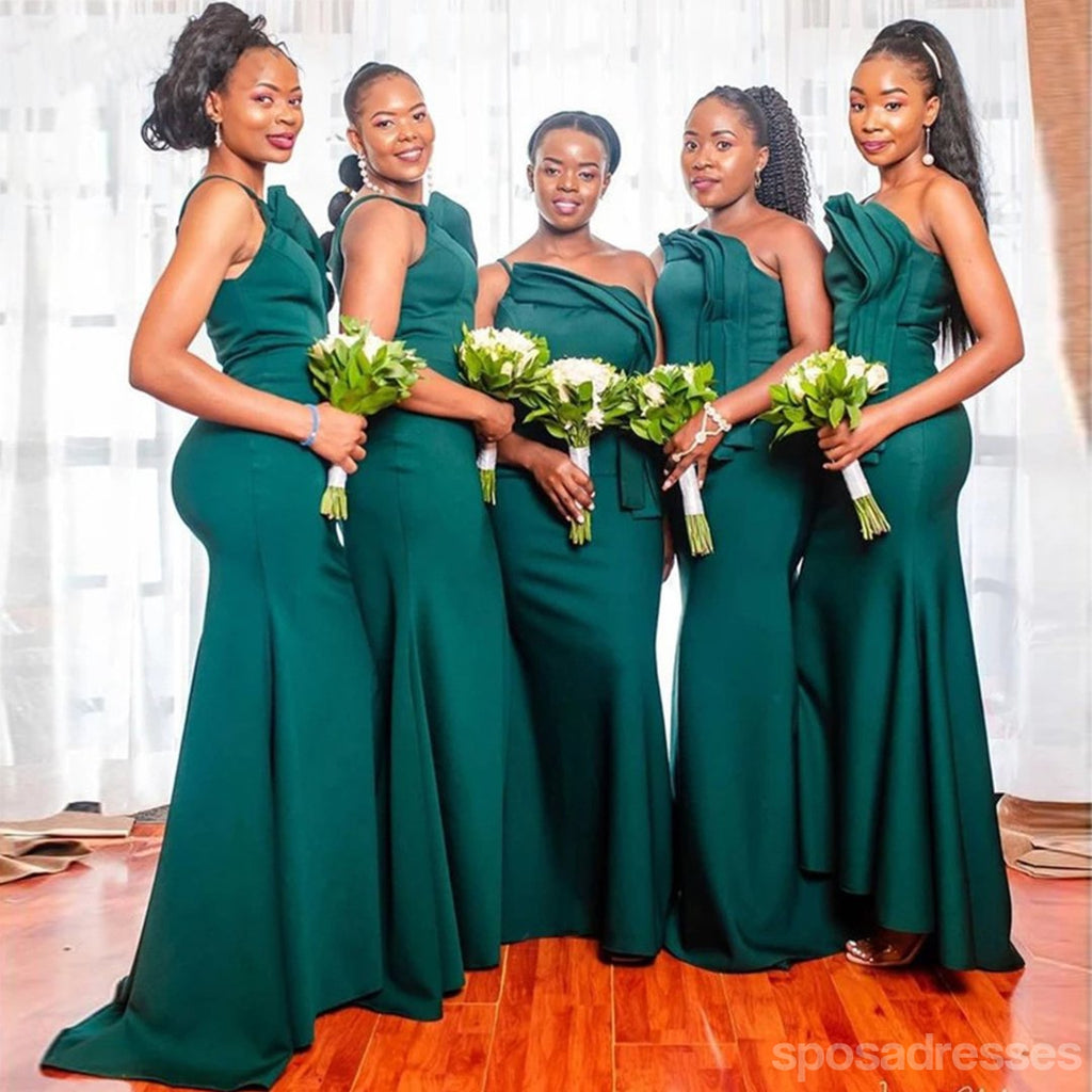 Emerald Green Mermaid One Shoulder Spaghetti Straps Long Bridesmaid Dresses Online,WG1184