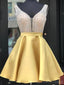 Gold V Neck Beaded Short Homecoming Dresses Online, Cheap Short Prom Dresses, CM838