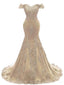 Off Shoulder Gold Lace Mermaid Long Evening Prom Dresses, 17671
