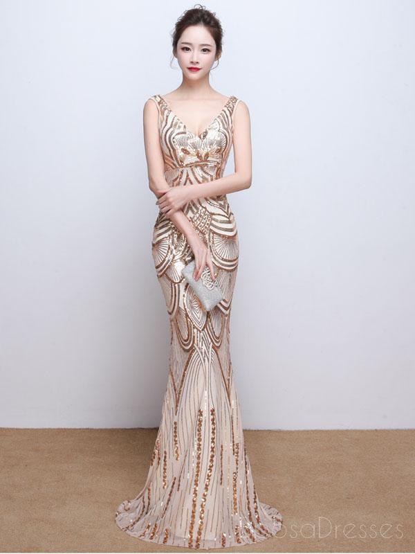 V Neck Gold Sequin Mermaid Long Evening Prom Dresses, Cheap Custom Sweet 16 Dresses, 18517