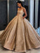 Square Neck Sequin Tulle Ball Gown Gold Evening Prom Dresses, Evening Party Prom Dresses, 12158