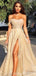 Sparkly A-line Gold One Shoulder High Slit Long Party Prom Dresses Online,12563