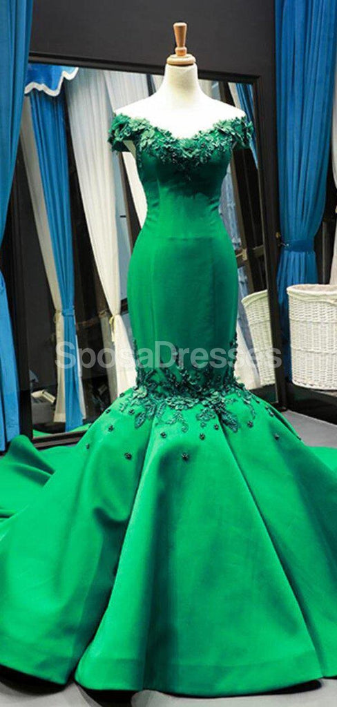 Off Shoulder Green Lace Mermaid Long Evening Prom Dresses, Evening Party Prom Dresses, 12280