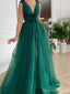 Green A-line Deep V-neck High Slit Long Prom Dresses Online,Dance Dresses,12788