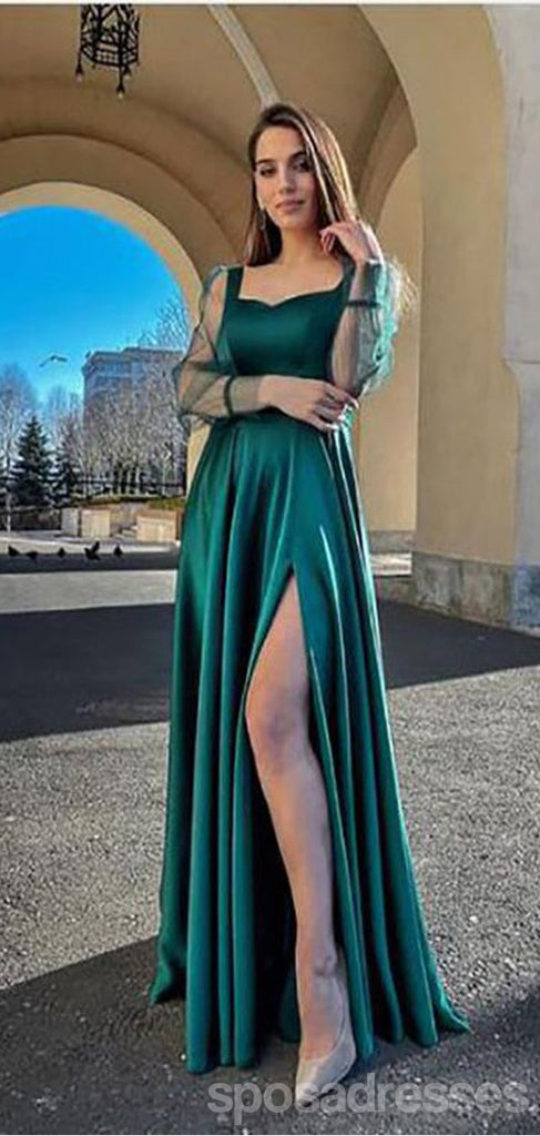 Green A-line High Slit Long Sleeves Maxi Long Prom Dresses,Evening Dresses,13112