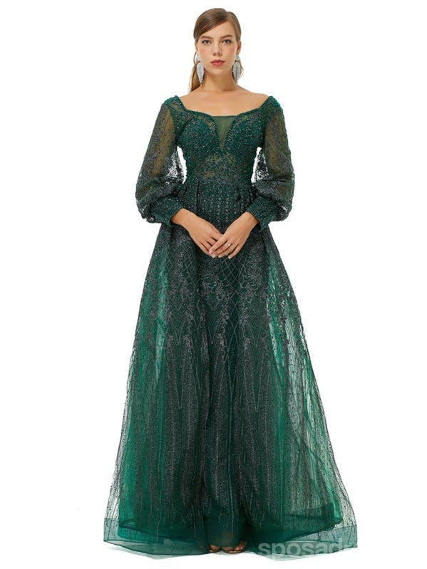 Green A-line Jewel Long Sleeves Prom Dresses Online, Evening Party Dresses,12779
