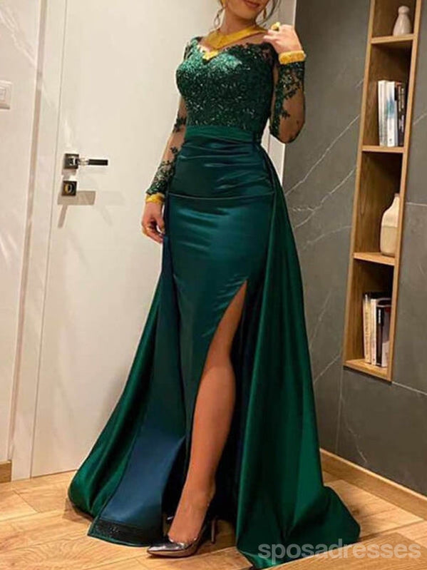 Green Mermaid Long Sleeves High Slit Cheap Long Prom Dresses,12936