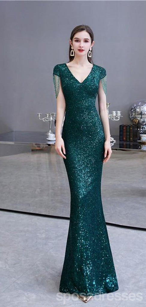 Green Mermaid Sequin V-neck Cap Sleeves Long Party Prom Dresses Online,12552