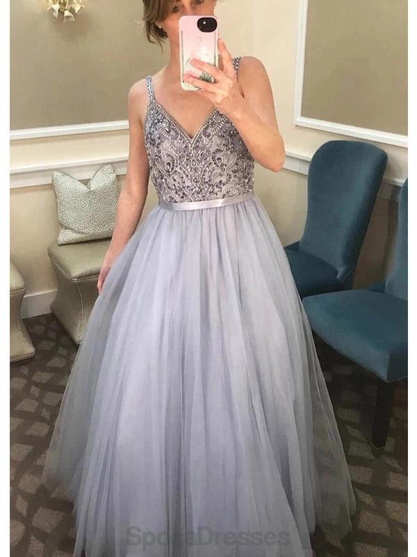 V Neck Spaghetti Straps Grey Beaded Cheap Evening Prom Dresses, Evening Party Prom Dresses, 12168