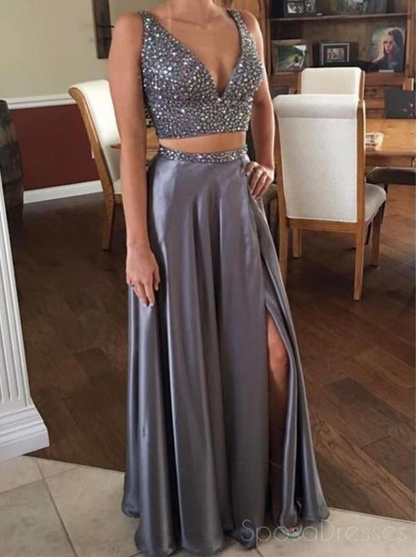 Sexy Two Pieces Grey V Neck Beaded Long Custom Evening Prom Dresses, 17410