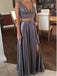 Sexy Two Pieces Grey V Neck Beaded Long Custom Evening Prom Dresses, 17410