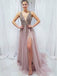 Grey Pink Beaded A-line Cheap Long Evening Prom Dresses, Evening Party Prom Dresses, 18623