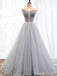 Scoop Grey Tulle A-line Cheap Long Evening Prom Dresses, Sweet 16 Prom Dresses, 12360