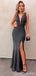 Grey Mermaid V-neck High Slit Cheap Long Prom Dresses Online,12957