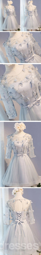 Gray Lace Long Sleeve Open Back Homecoming Prom Dresses, Affordable Short Party Prom Dresses, Perfect Homecoming Dresses, CM283