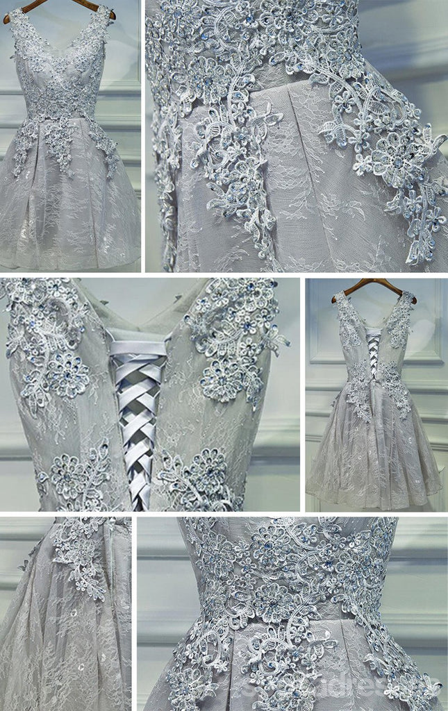 Two Straps Gray Lace Beaded Homecoming Prom Dresses, Affordable Short Party Prom Dresses, Perfect Homecoming Dresses, CM263