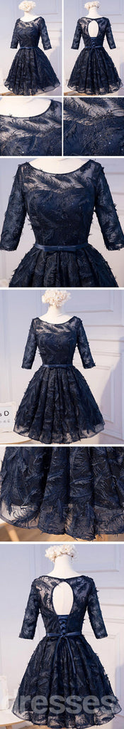 Long Sleeve Navy Scoop Neckline Homecoming Prom Dresses, Affordable Short Party Prom Dresses, Perfect Homecoming Dresses, CM292