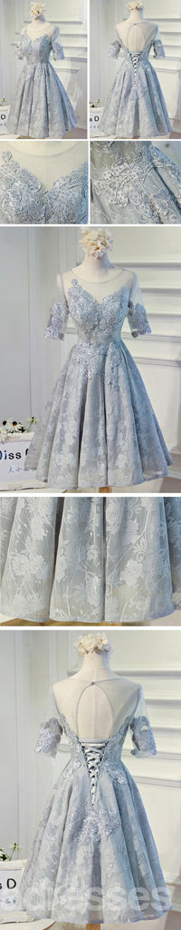 Short Sleeve Gary Lace Scoop Neckline Homecoming Prom Dresses, Affordable Short Party Prom Dresses, Perfect Homecoming Dresses, CM276