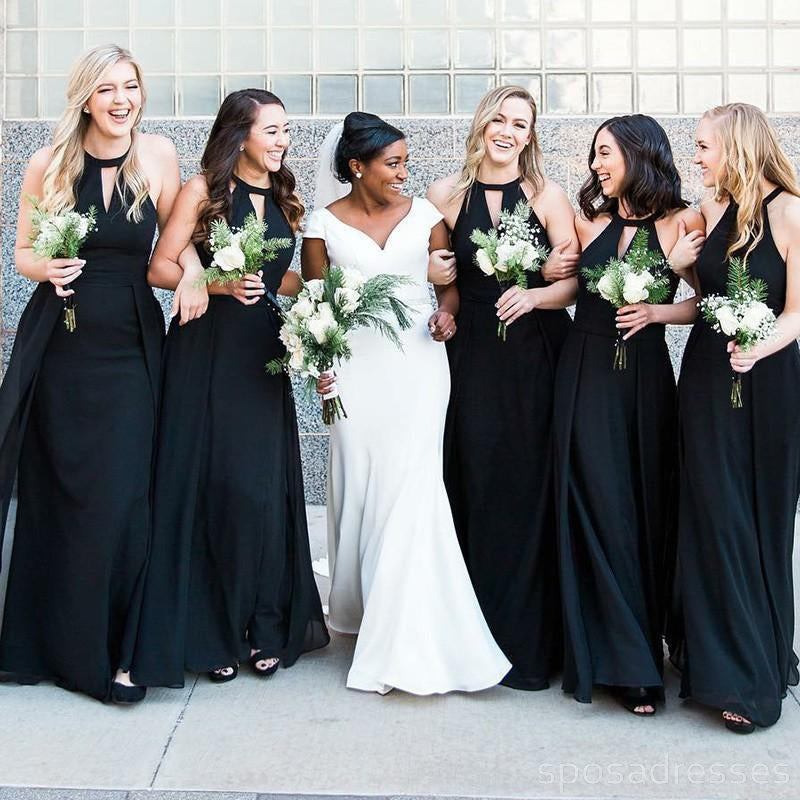 Halter Custom Chiffon Long Black Bridesmaid Dresses, WG225