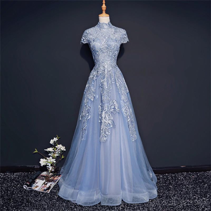 Modest High Neckline Short Sleeve Dusty Blue Long Evening Prom Dresses, Popular Long Party Prom Dresses, 17222