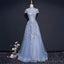 Modest High Neckline Short Sleeve Dusty Blue Long Evening Prom Dresses, Popular Long Party Prom Dresses, 17222