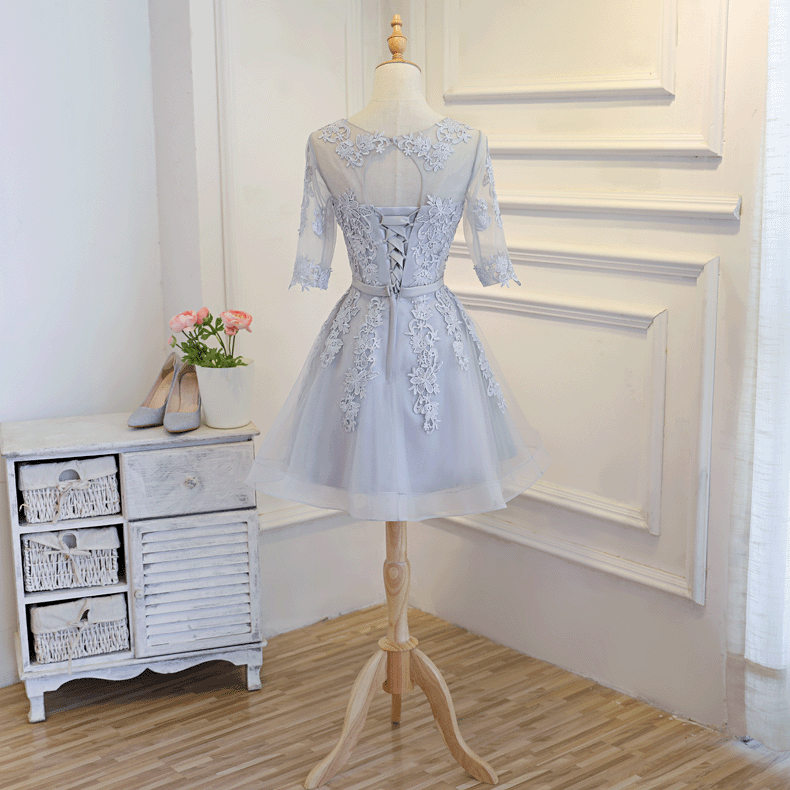 Long Sleeve Grey Lace Cheap Short Homecoming Dresses Online, CM670