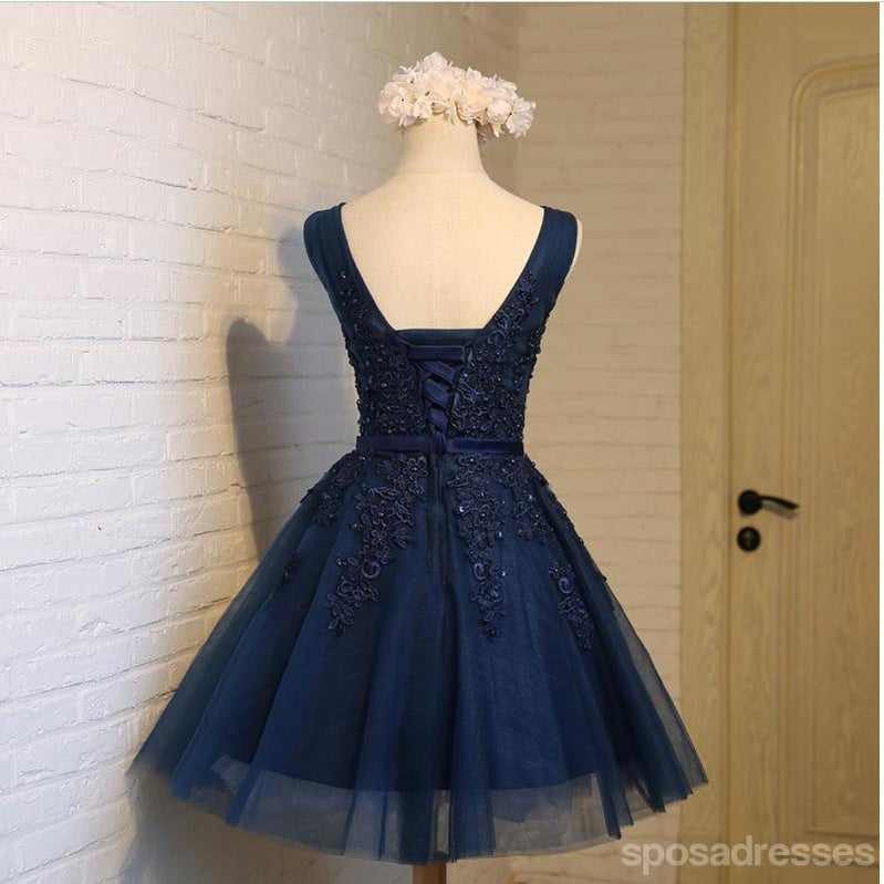V Neck Navy Lace Beaded Short Homecoming Dresses Online, CM678