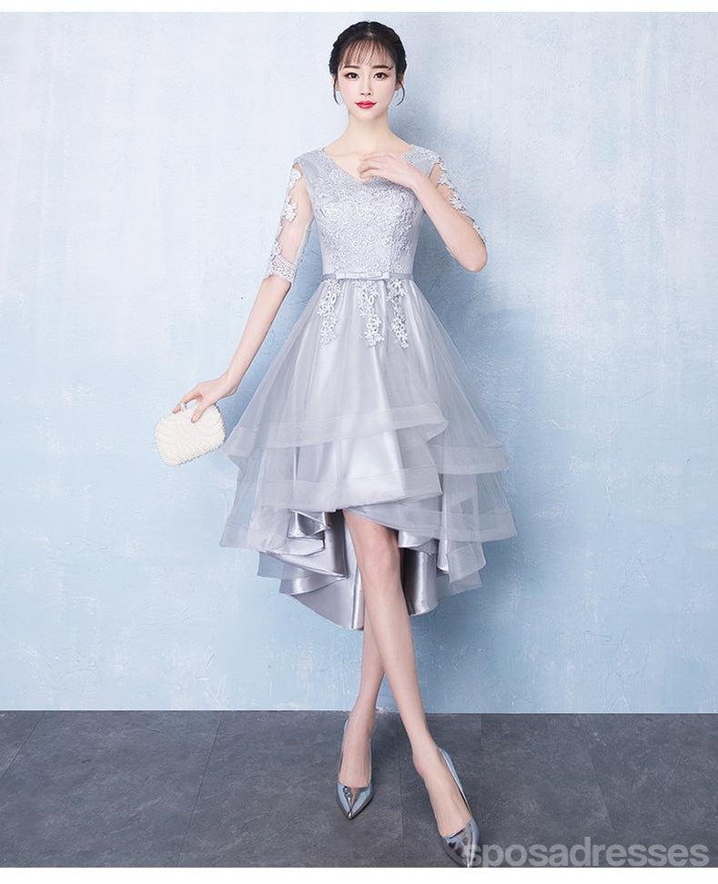 Long Sleeves High Low Grey Lace Cheap Homecoming Dresses Online, CM693