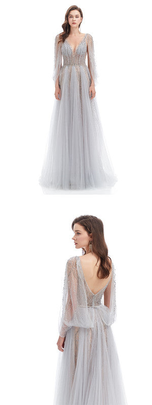 Sparkly See Through Grey A-line V-neck Open Back Long Prom Dresses Online,12781
