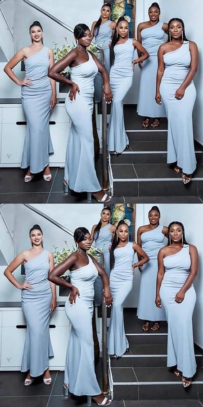 Simple Mermaid Blue One Shoulder Cheap Long Bridesmaid Dresses Online,WG1175