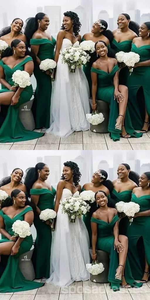 Green Mermaid Off Shoulder Side Slit Cheap Long Bridesmaid Dresses Online,WG1245