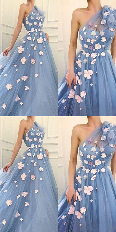 Floral Blue A-line One Shoulder Cheap Long Prom Dresses Online,12794