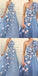 Floral Blue A-line One Shoulder Cheap Long Prom Dresses Online,12794