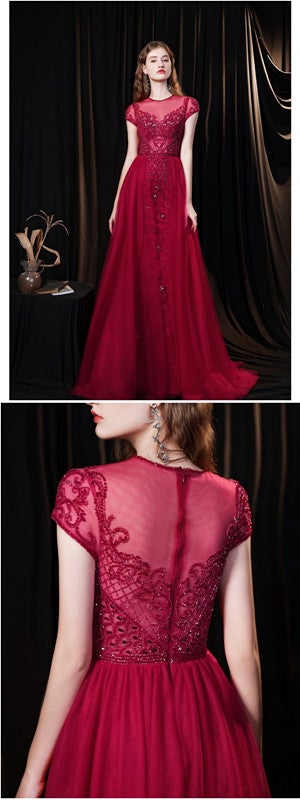 See Through Burgundy A-line Short Sleeves Long Prom Dresses Online,12766