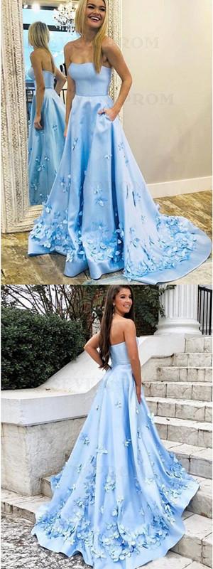 Floral Blue A-line Sweetheart Cheap Long Prom Dresses Online, Dance Dresses,12597
