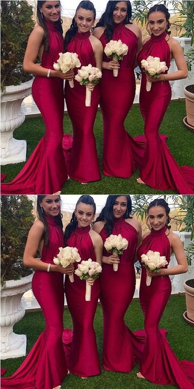 Red Mermaid Halter Backless Cheap Long Bridesmaid Dresses Online,WG1188